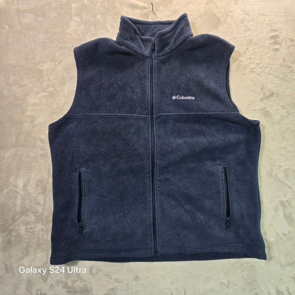 Columbia Mens XL Navy Blue Fleece Full Zip Vest Mock Neck Sleeveless Jacket